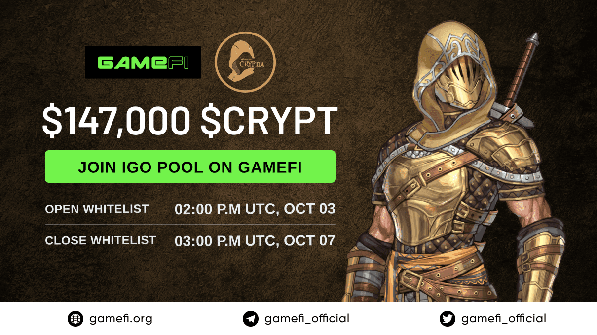 Whitelist registration for the $CRYPT IGO pool on GameFi is Open!